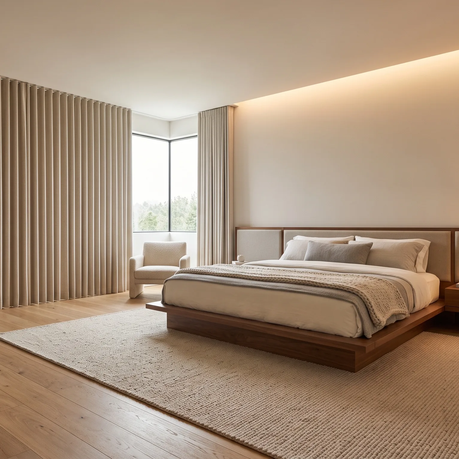 Gorden warna netral terpasang di kamar tidur
